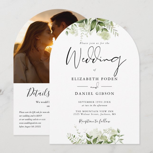 Elegant Floral Greenery QR Code Photo Arch Wedding Invitation (Front/Back)