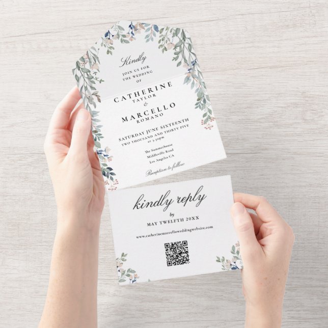 Elegant Floral Greenery QR Code Wedding All In One Invitation (Tearaway)