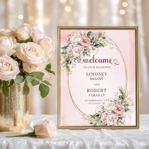 Elegant Floral Greenery Rose Gold Wedding Welcome Poster
