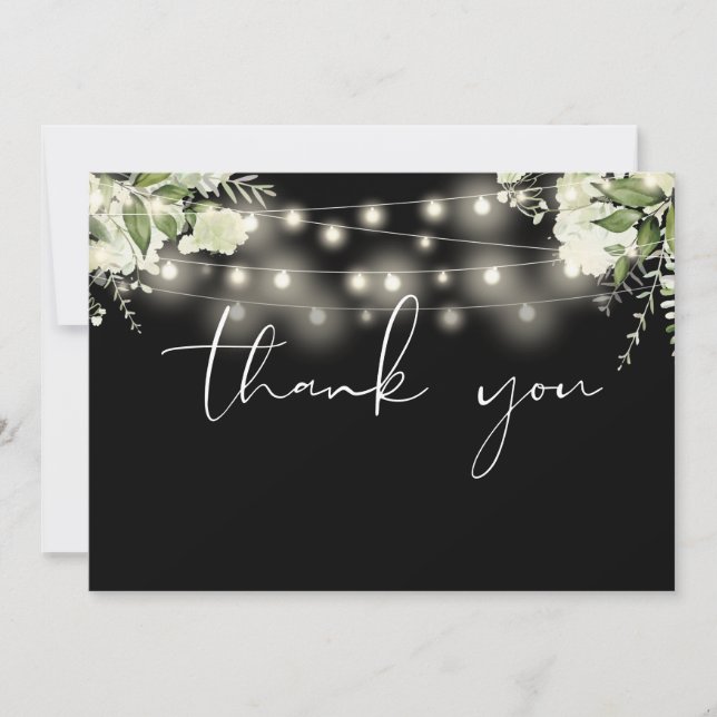 Elegant Floral Greenery String Lights Photo Thank You Card (Front)