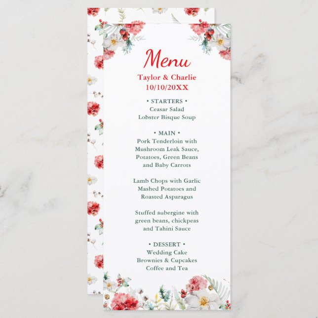 Elegant Floral Greenery Winter Wedding Menu (Front/Back)