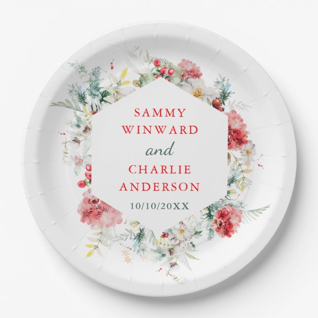 Elegant Floral Greenery Winter Wedding Paper Plate (Front)