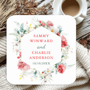 Elegant Floral Greenery Winter Wedding Square Pape Square Paper Coaster