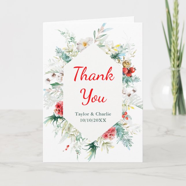 Elegant Floral Greenery Winter Wedding Thank You Card (Front)