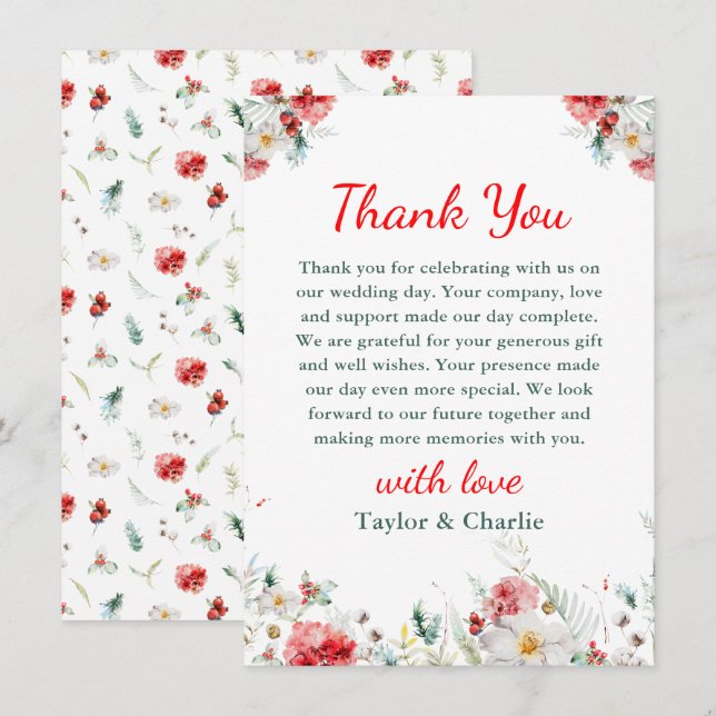 Elegant Floral Greenery Winter Wedding Thank You Card (Front/Back)