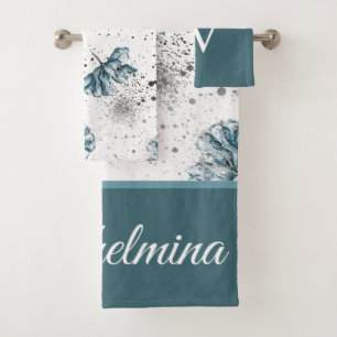 Elegant Floral Grunge steel blue Monogram Bath Towel Set