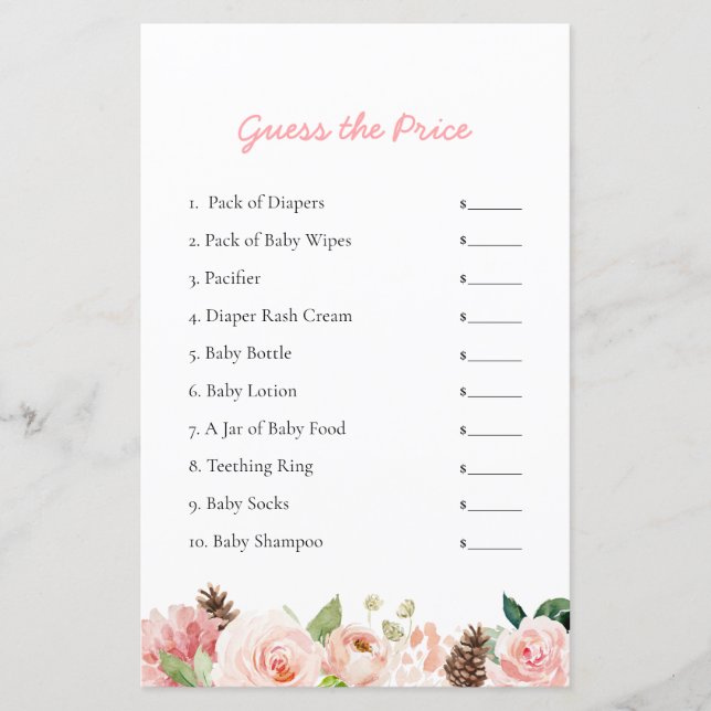 Elegant Floral Guess the Price Baby Shower Game (Front)