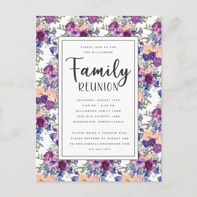 Elegant Floral Hand-Lettered Script Family Reunion Postcard (Front)