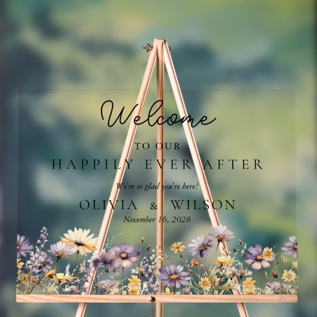 Elegant Floral Happily Ever After Wedding Welcome Acrylic Sign (Neutral)