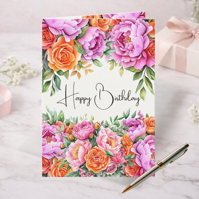 Elegant Floral Happy Birthday Card | Pink Peonies  (Creator Uploaded)