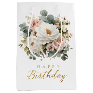 Elegant Floral "Happy Birthday" Medium Gift Bag