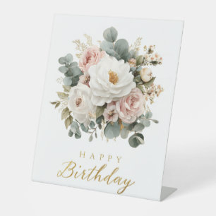 Elegant Floral "Happy Birthday" Pedestal Sign
