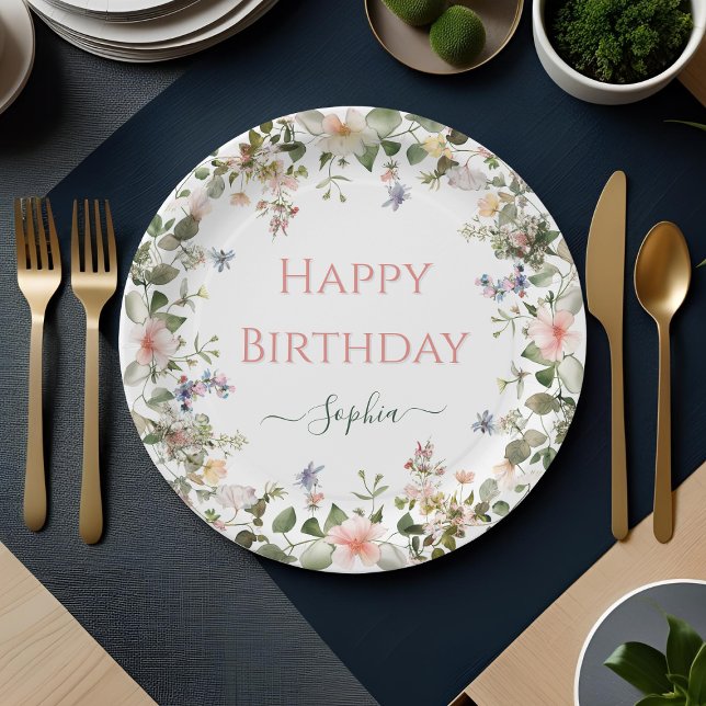 Elegant Floral Happy Birthday – Personalised Party Paper Plate (Creator Uploaded)