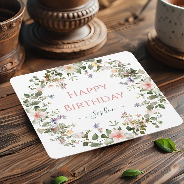 Elegant Floral Happy Birthday – Personalised Party Square Paper Coaster (Creator Uploaded)