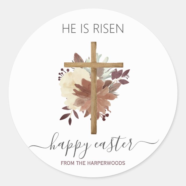 Elegant Floral Happy Easter Cross Christian Classic Round Sticker (Front)