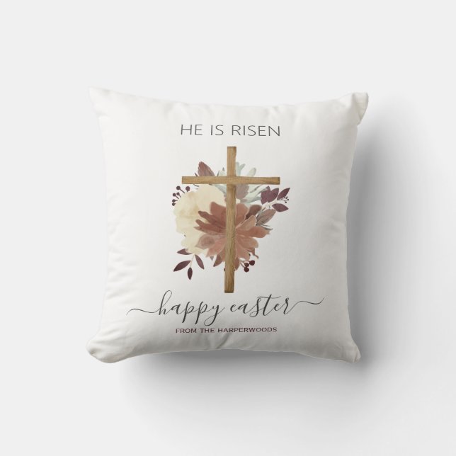 Elegant Floral Happy Easter Cross Christian Cushion (Front)