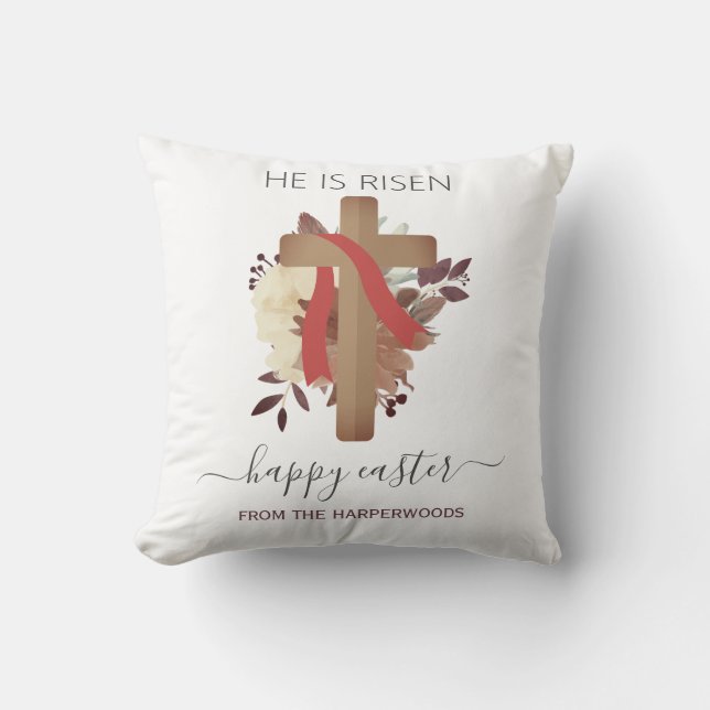 Elegant Floral Happy Easter Cross Christian Cushion (Front)