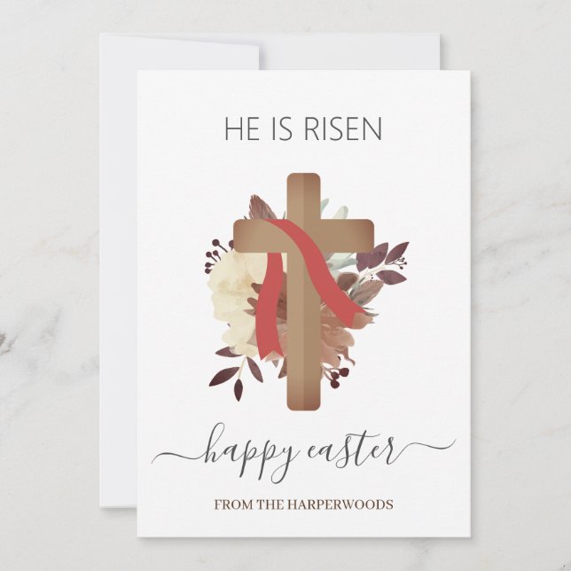 Elegant Floral Happy Easter Cross Christian Holiday Card (Front)