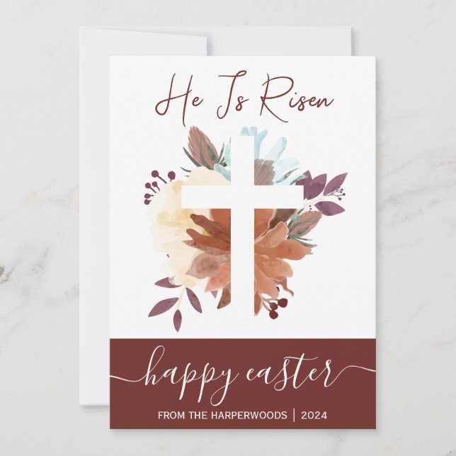 Elegant Floral Happy Easter Cross Christian Holiday Card (Front)