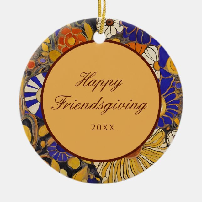 Elegant Floral Happy Friendsgiving Ceramic Tree Decoration (Front)