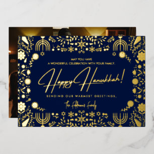 Elegant Floral Happy Hanukkah Family Photo Foil Holiday Card