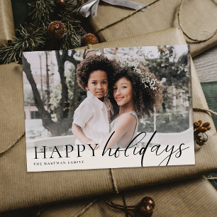 Elegant Floral Happy Holidays Black Ivory Photo Holiday Card