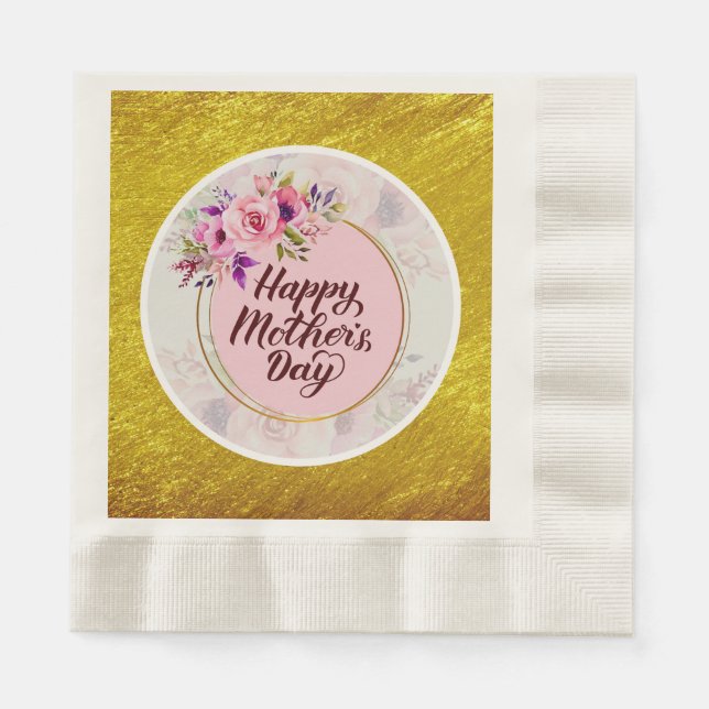 Elegant Floral "Happy Mother's Day" with Pink Rose Napkin (Front)