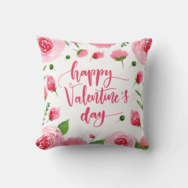 Elegant Floral Happy Valentine's Day Throw Pillow (Front)