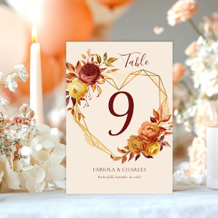 Elegant Floral Heart Boho Fall in Love Wedding Table Number