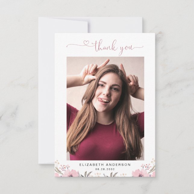 Elegant Floral Heart Script 2 Photo Thank You Card (Front)