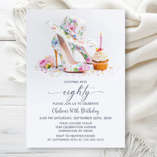 Elegant Floral High Heel Shoes 80th Birthday Party Invitation