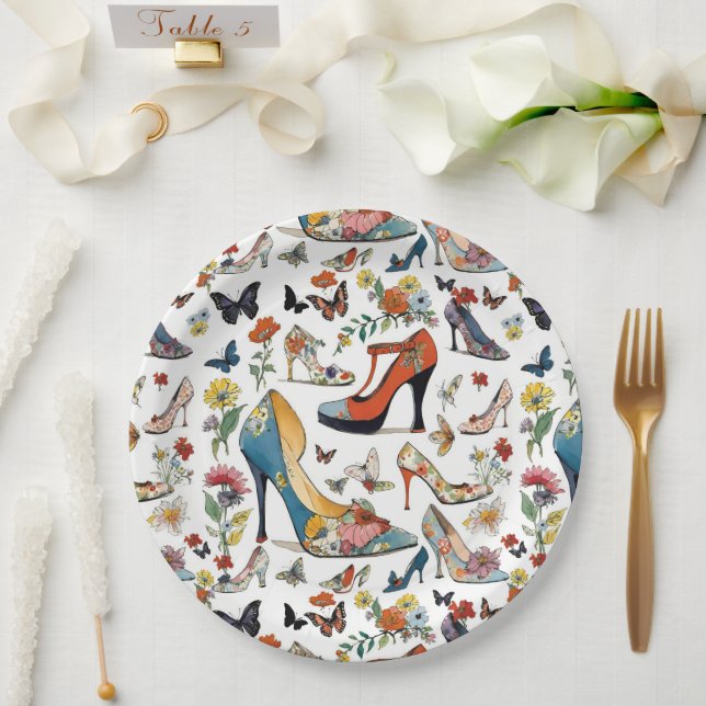 Elegant Floral High Heel SHOES Flowers Butterflies Paper Plate (Wedding)