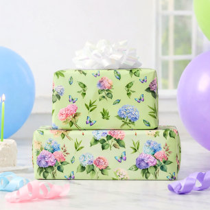 Elegant Floral Hydrangea Butterfly Green Gift Wrapping Paper
