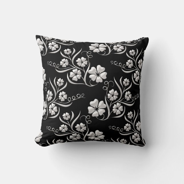 Elegant Floral in Black and White Cushion (Front)