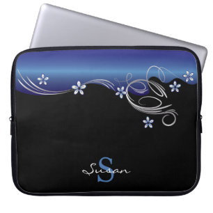 Elegant Floral in Sapphire Blue and Black Laptop Sleeve