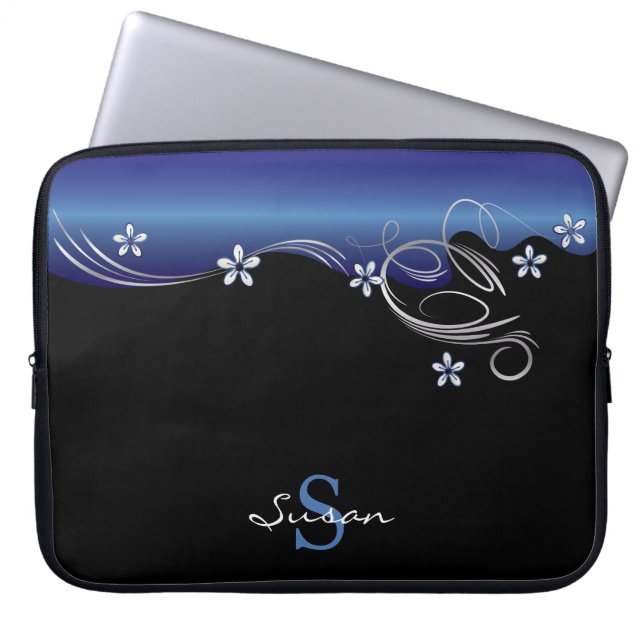 Elegant Floral in Sapphire Blue and Black Laptop Sleeve (Front)