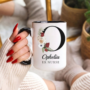 Elegant Floral Initial Custom Mug Gift for Nurses