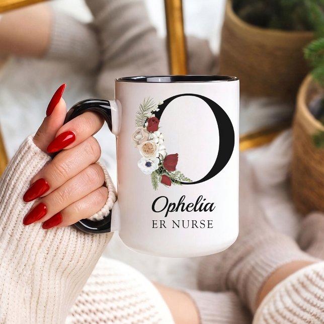 Elegant Floral Initial Custom Mug Gift for Nurses (Personalized Monogram Floral Alphabet Mug for Mom, Grandma, Teacher, Nurse, Lawyer or Bridesmaid)