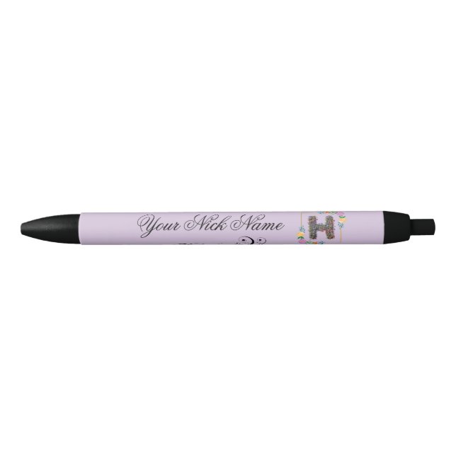 Elegant Floral Initial H Black Ink Pen (Front)