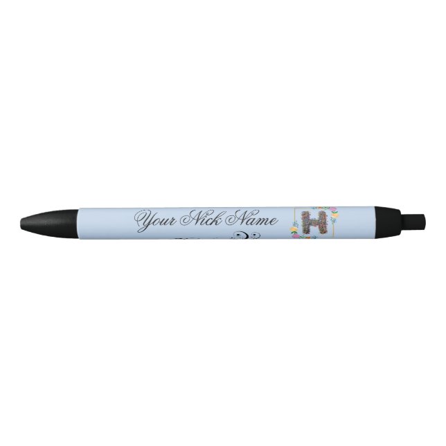 Elegant Floral Initial H Black Ink Pen (Front)