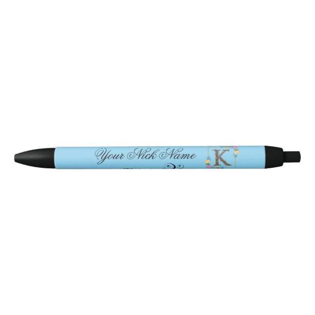 Elegant Floral Initial K Black Ink Pen (Front)
