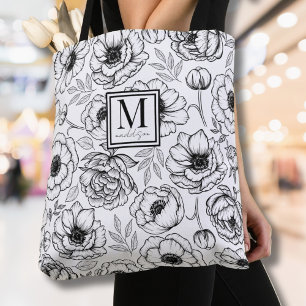 Elegant Floral Initial Monogram Tote Bag