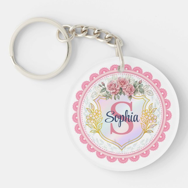 Elegant Floral Initial & Name Monogram Key Ring (Front)