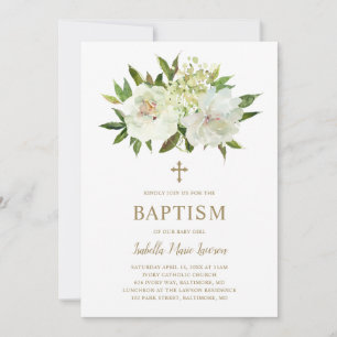Elegant Floral Ivory Gold Cross Baby Girl Baptism Invitation