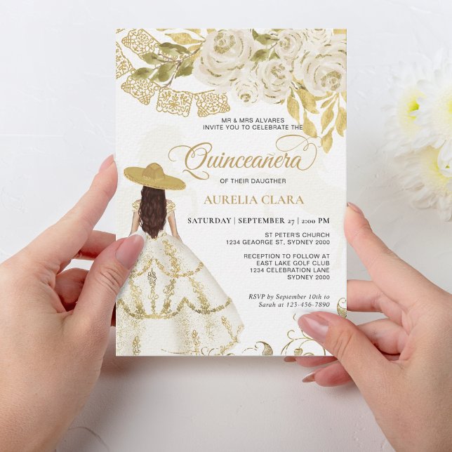 Elegant Floral Ivory Gold Horse Quinceañera Invitation (Creator Uploaded)