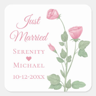 Elegant Floral Just Married Piink Flowers Wedding Square Sticker