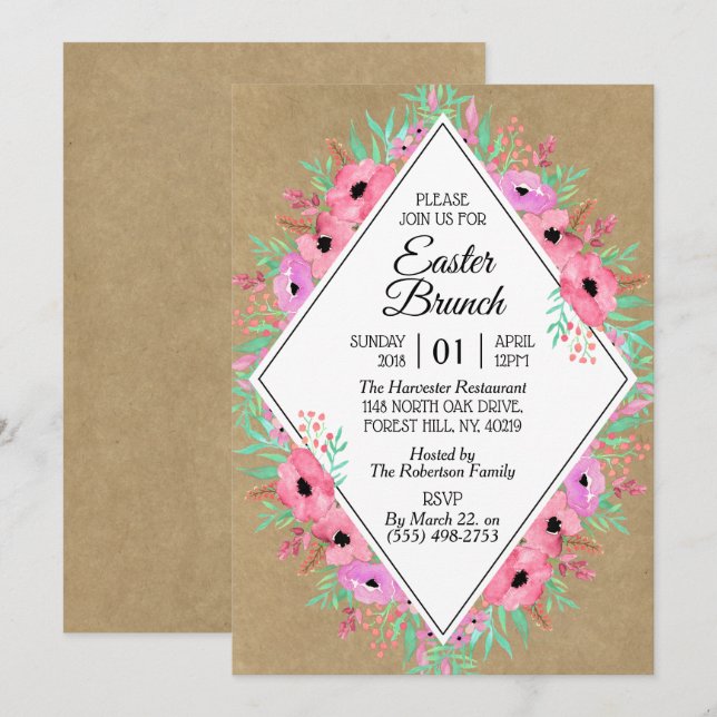 Elegant Floral Kraft Easter Brunch Invitation (Front/Back)