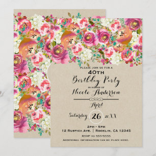 Elegant Floral & Kraft Shabby Chic Birthday Party Invitation