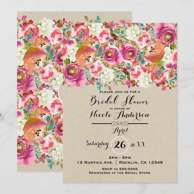 Elegant Floral & Kraft Shabby Chic Bridal Shower Invitation (Front/Back)