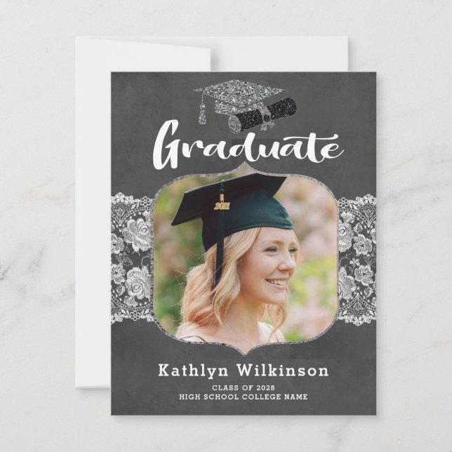 Elegant Floral Lace Chalkboard 4 Photo Graduation Invitation (Front)